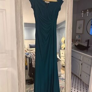 Elegant Teal Evening Gown Cap or Ofd Shoulder Slit, Wrap Side Ruching Size 4